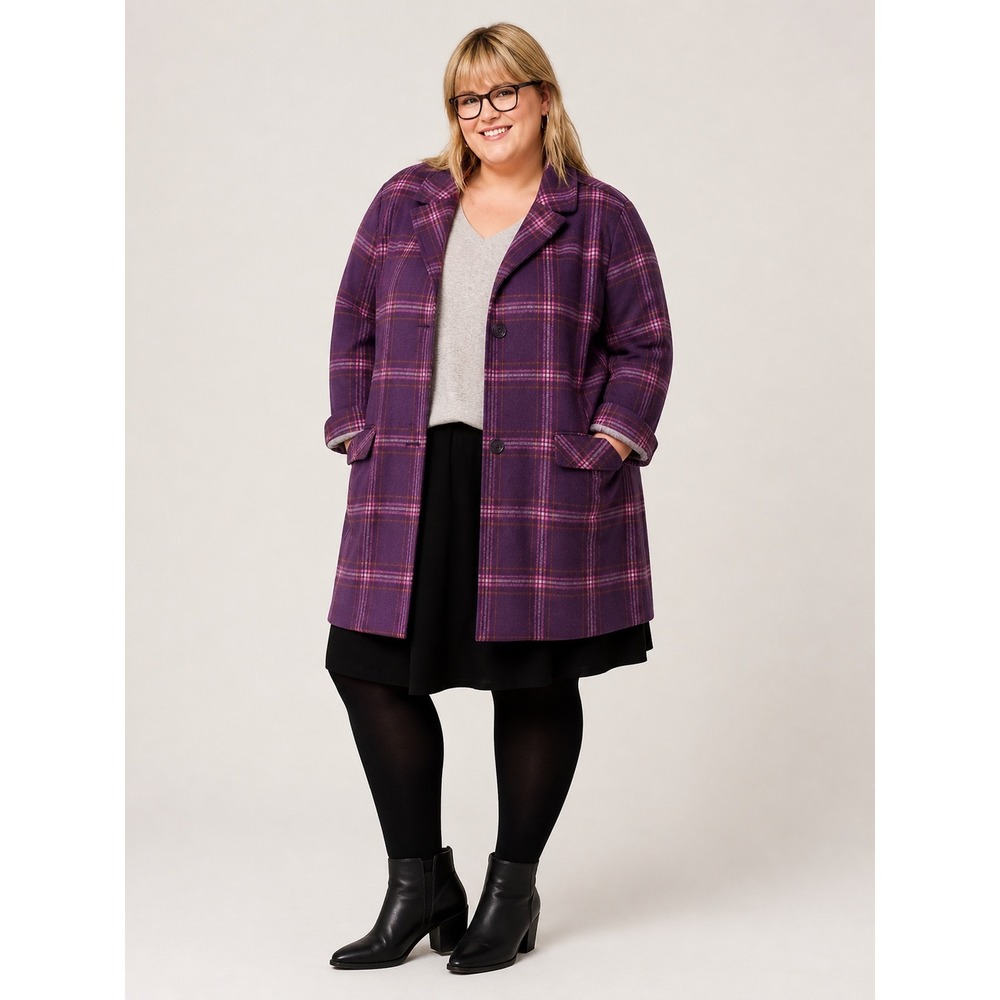 New Isaac Mizrahi Live Purple Plaid Wool Blend Button Front Coat 1X‎ Plus Size